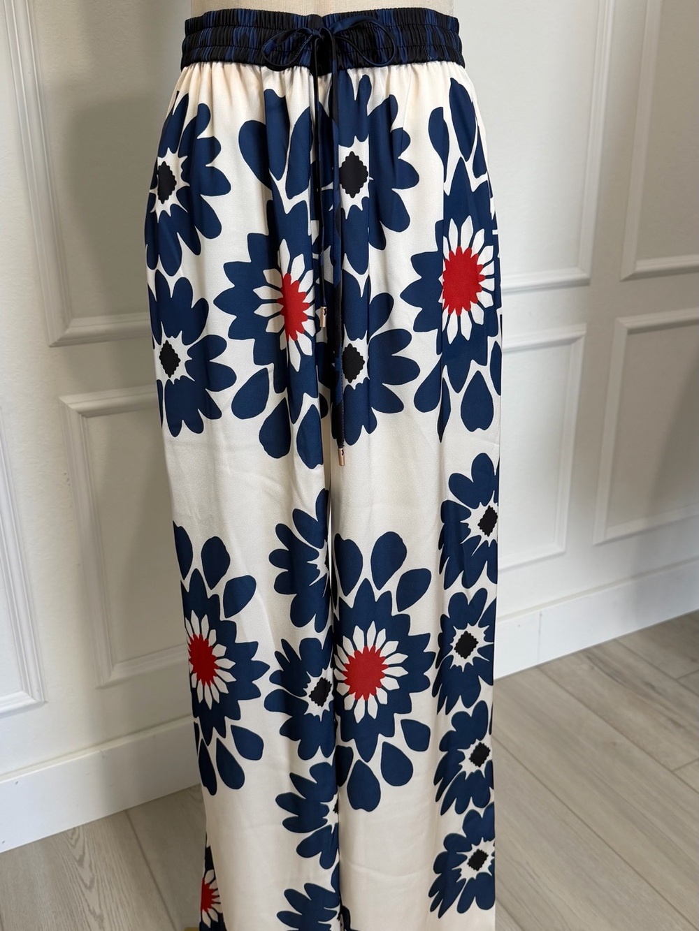 Skies Are Blue White Maxi Skirt with Navy and Red Floral Print